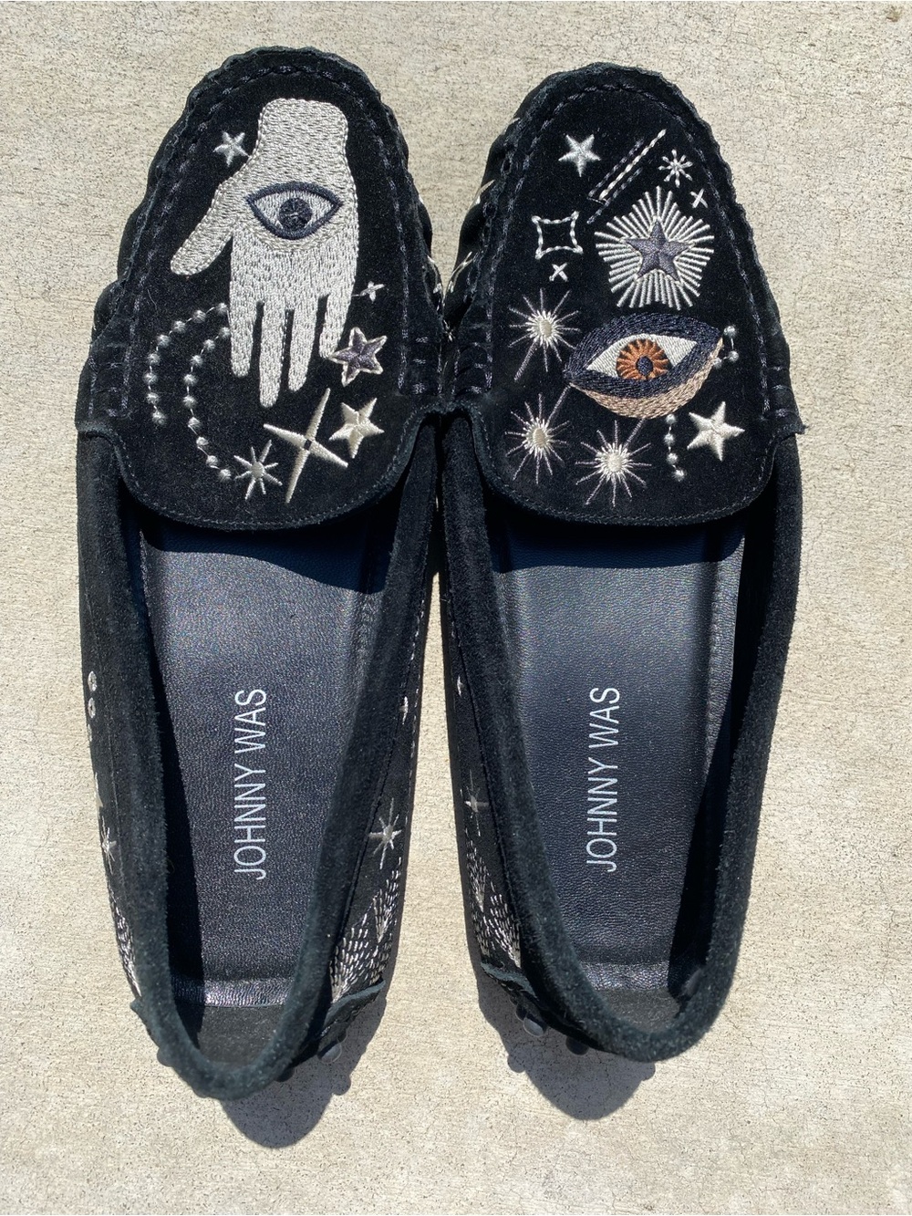 Johnny Was Black Suede Embroidered Celestial Loafers, 7, preowned